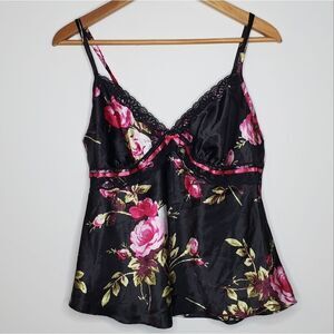 Floral Black and Pink Lace Trim Camisole